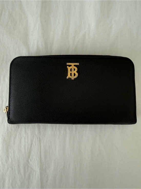 Burberry Handbags - Burberry Black Pebbled Leather Zip-Around Wallet with Gold TB Logo